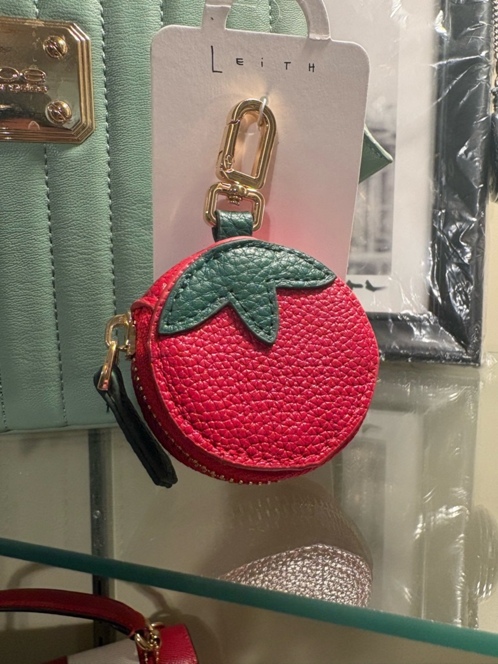 Leith Red Mini Strawberry Coin Pouch with Green Leaf Accent - Picture 2 of 2